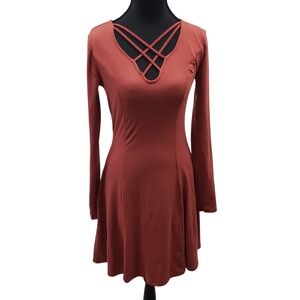 Mudd Rust Red Long Sleeve Lattice Neck Skater Dress Size‎ S Coquette Boho Indie